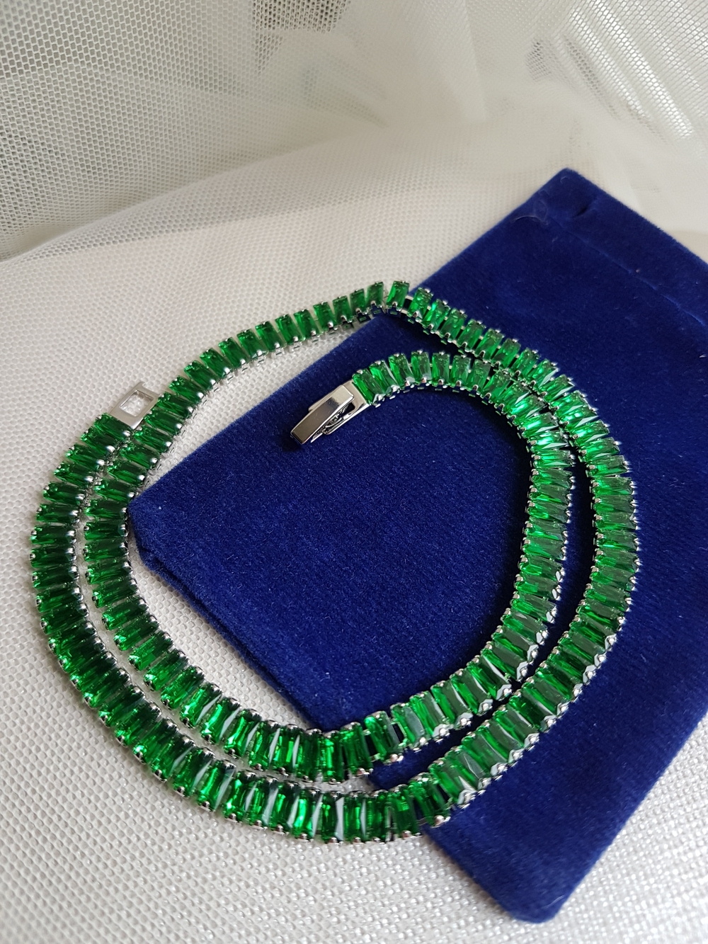 Swarovski Elements Silver Emerald Green Emerald-cut Baguette Tennis Necklace NEW - Picture 8 of 17